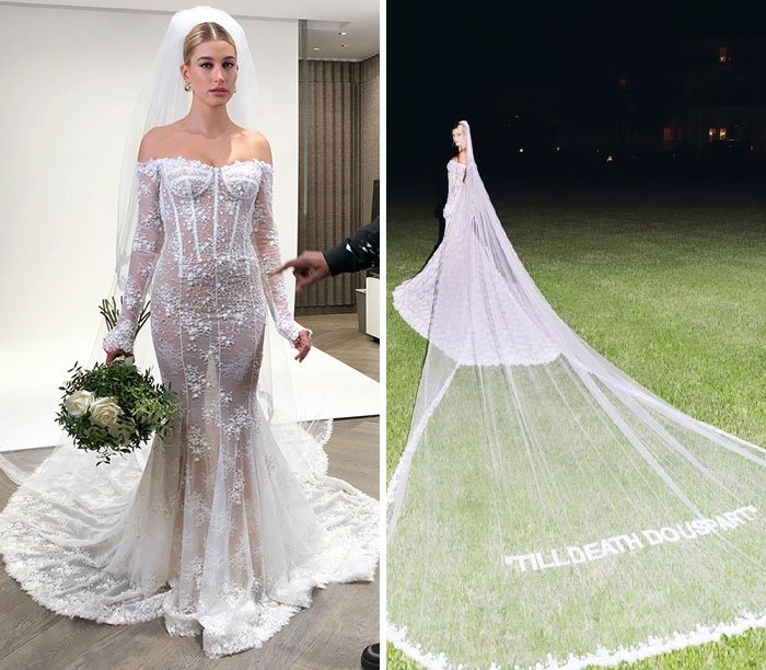 Hailey Bieber in a gorgeous off-the-shoulder celebrity wedding dress with an embroidered veil in two settings.