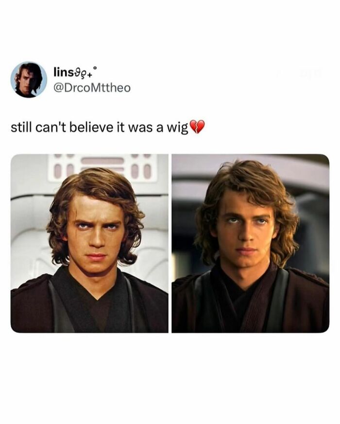 Anakin Skywalker with and without a wig, a pop culture post for instant good vibes.