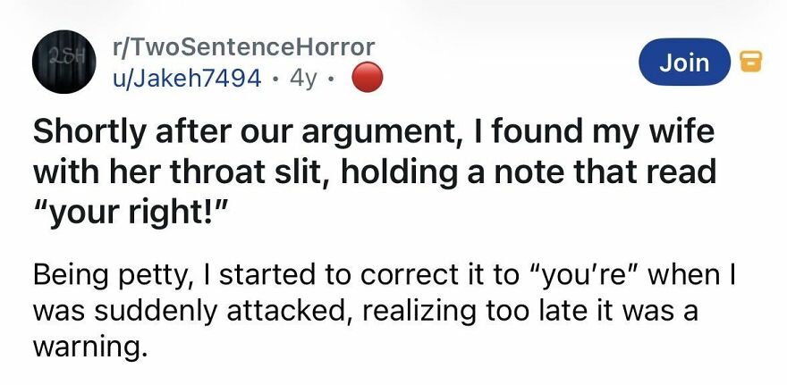 Horror story about finding a wife with her throat slit and a warning note