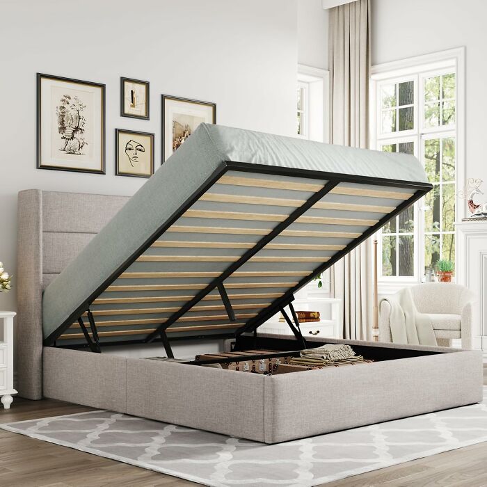A beige bed frame with an open storage compartment, highlighting a great Prime Day deal on furniture.