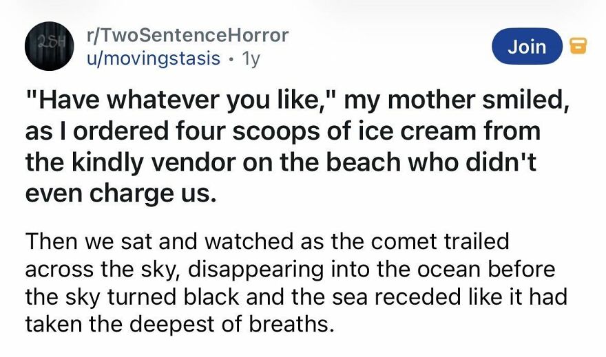 Spine-chilling story of a mother ordering ice cream on the beach as sky turns black and sea recedes.