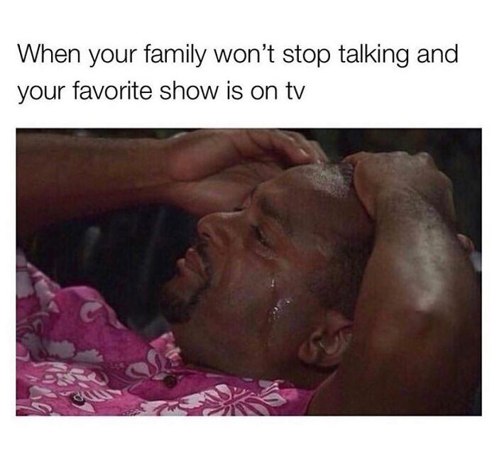 Meme of man crying while family talks during favorite TV show
