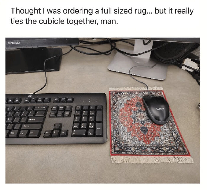 A blursed meme showing a tiny rug as a mousepad, illustrating a blursed expectation vs. reality.