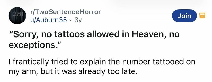 Spine-chilling story about no tattoos allowed in Heaven and a too-late explanation of a tattooed number.