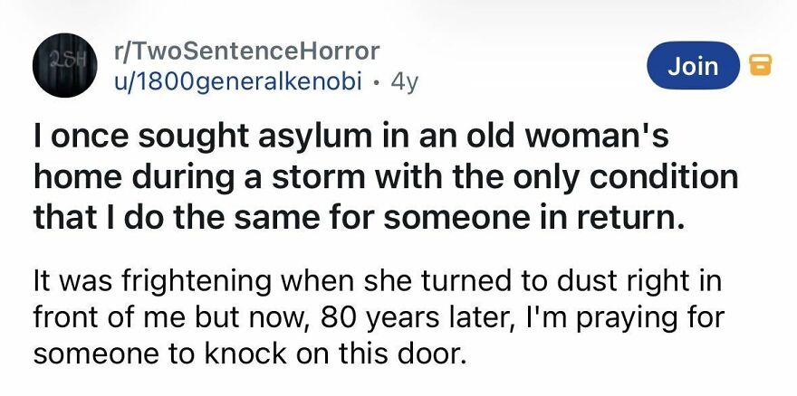 Short spine-chilling story about asylum in an old woman's home during a storm and a haunting return.