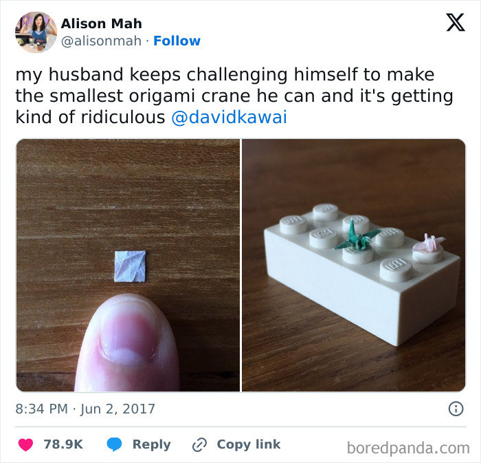 Tweet showing smallest origami crane on fingertip and LEGO block