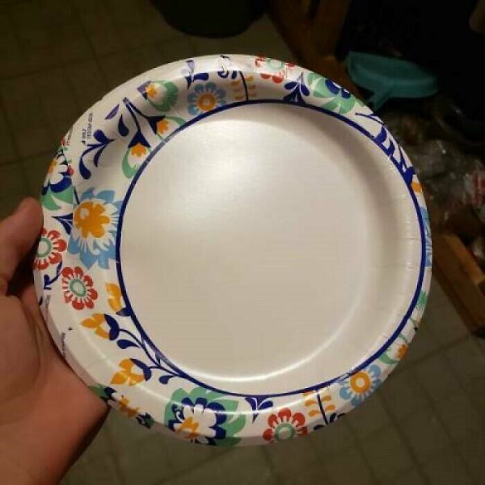A hand holding a paper plate with colorful floral designs, an example of a common sense fail.