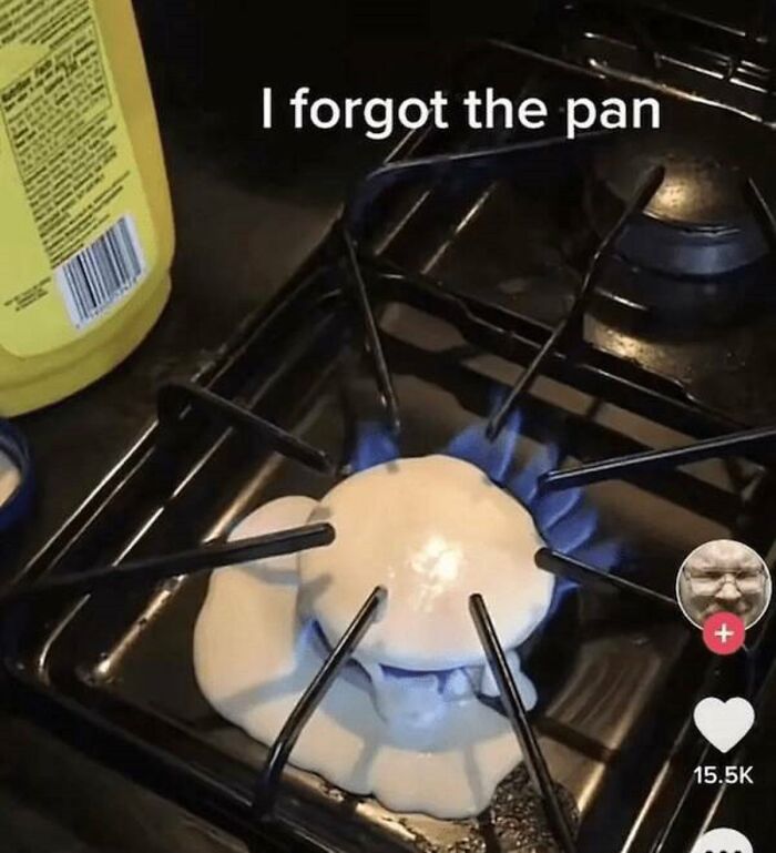 Melted food cooking directly on a gas stove burner with no pan, a ridiculous cooking fail.