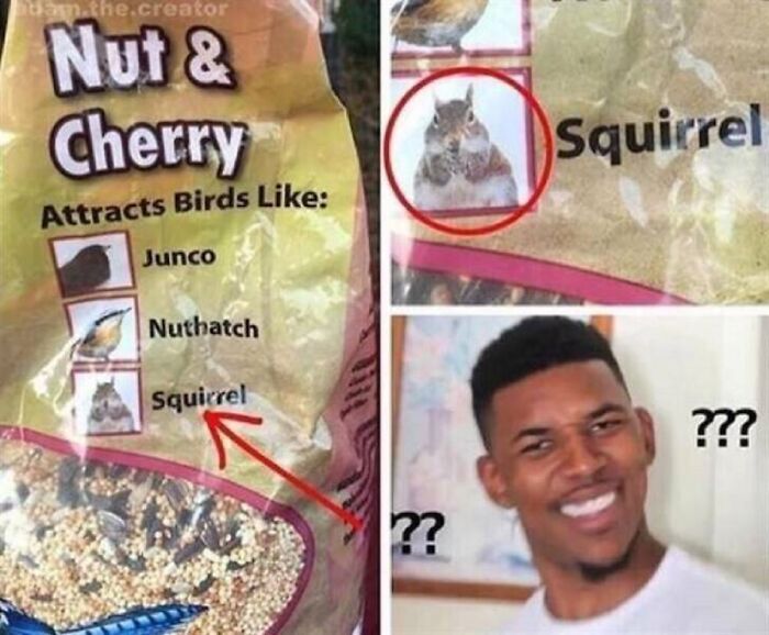 Birdseed packaging listing a squirrel as a bird it attracts, highlighting a “You Had One Job” fail.