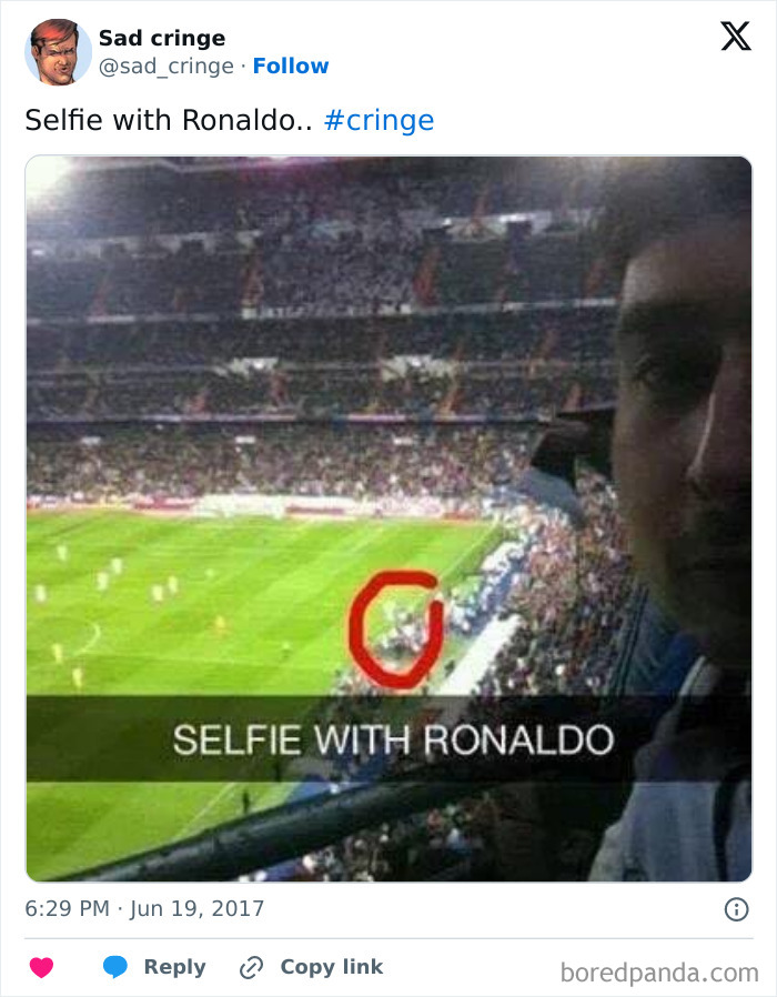A cringy selfie with Ronaldo from the stands, where Ronaldo is a tiny figure. The image is incredibly sad.