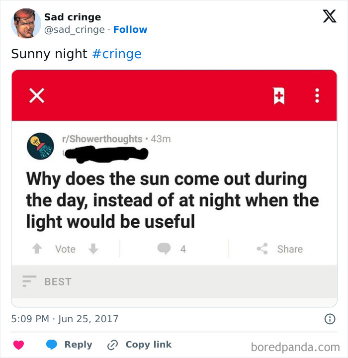 A screenshot showing a Reddit post about the sun, an example of incredibly sad cringy content.