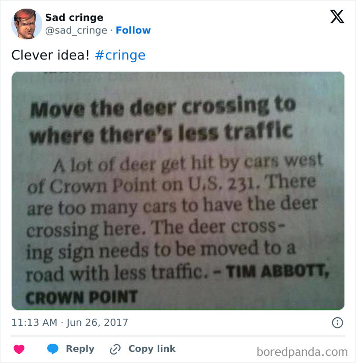 Newspaper clipping with a cringy suggestion to move deer crossings, highlighting sad content.