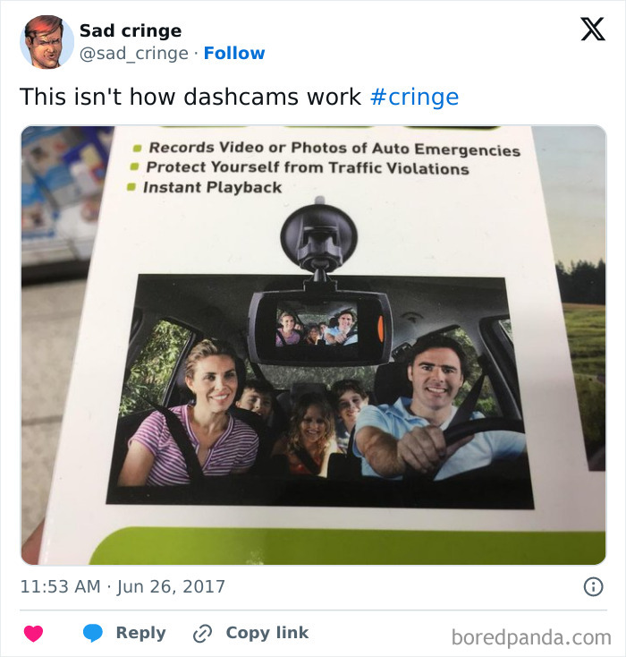 Cringy dashcam packaging showing a family in a car, an example of incredibly sad content.