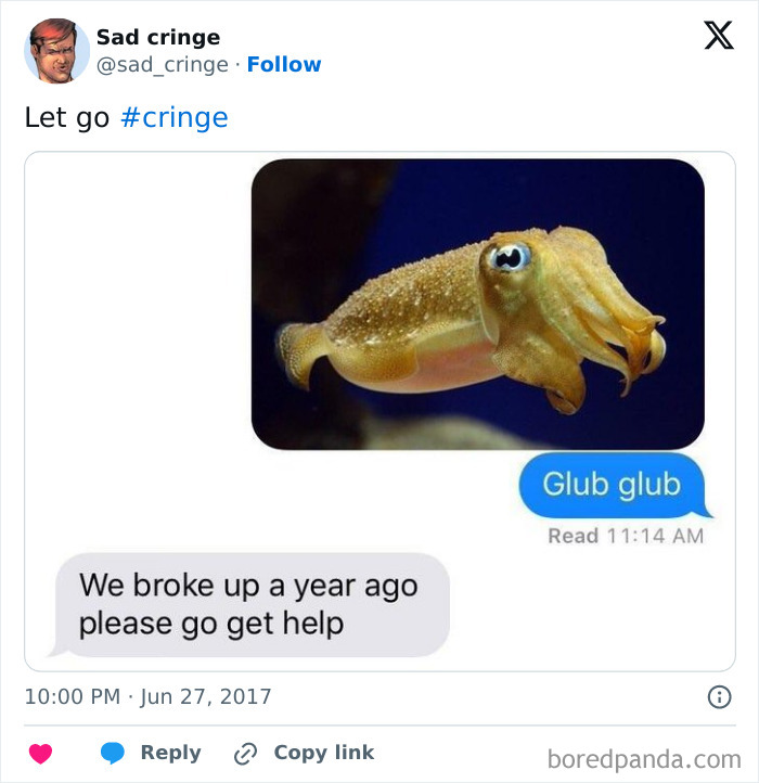 A screenshot of a text message conversation, featuring an image of a cuttlefish, exemplifying sad cringy content.