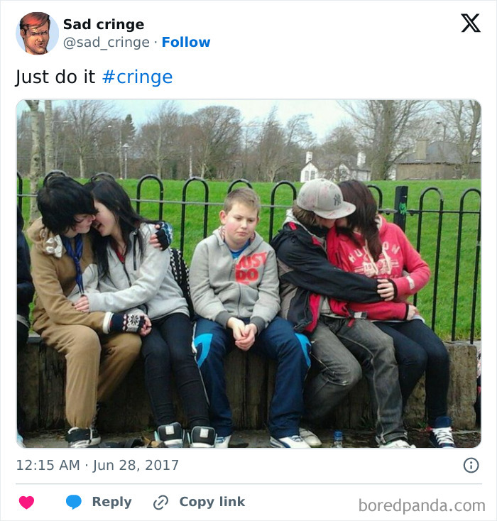 Sad cringe image of a boy sitting alone between two cuddling couples, showing cringy content.