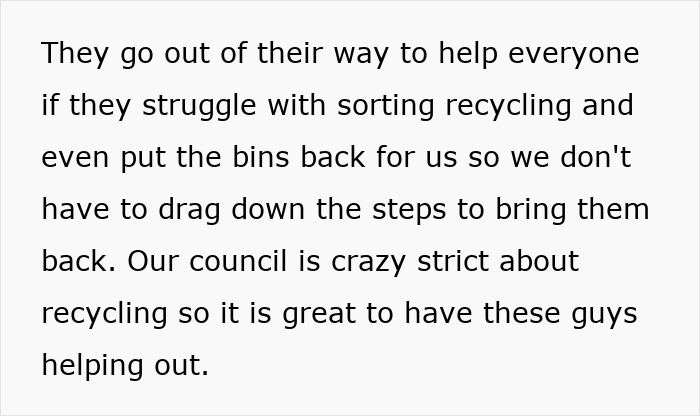 Text excerpt praising council workers for recycling help Text excerpt praising council workers for recycling help