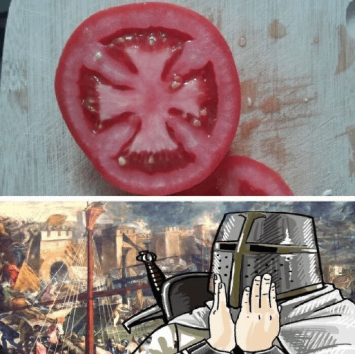 A blursed meme showing a tomato slice revealing a cross shape, with a praying crusader below it.