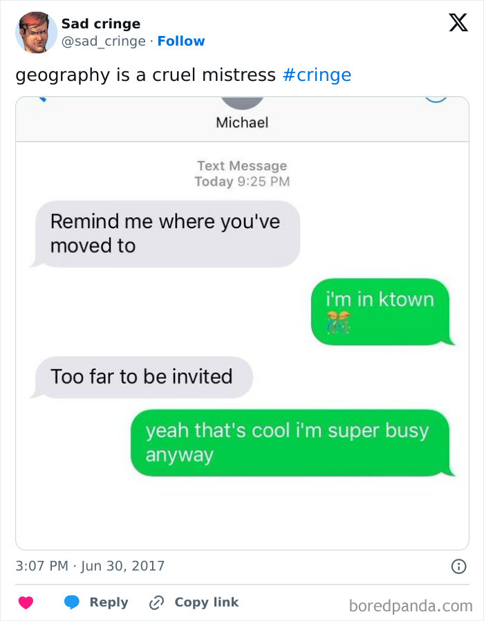 A cringy text exchange about someone moving too far, incredibly sad and cringy.