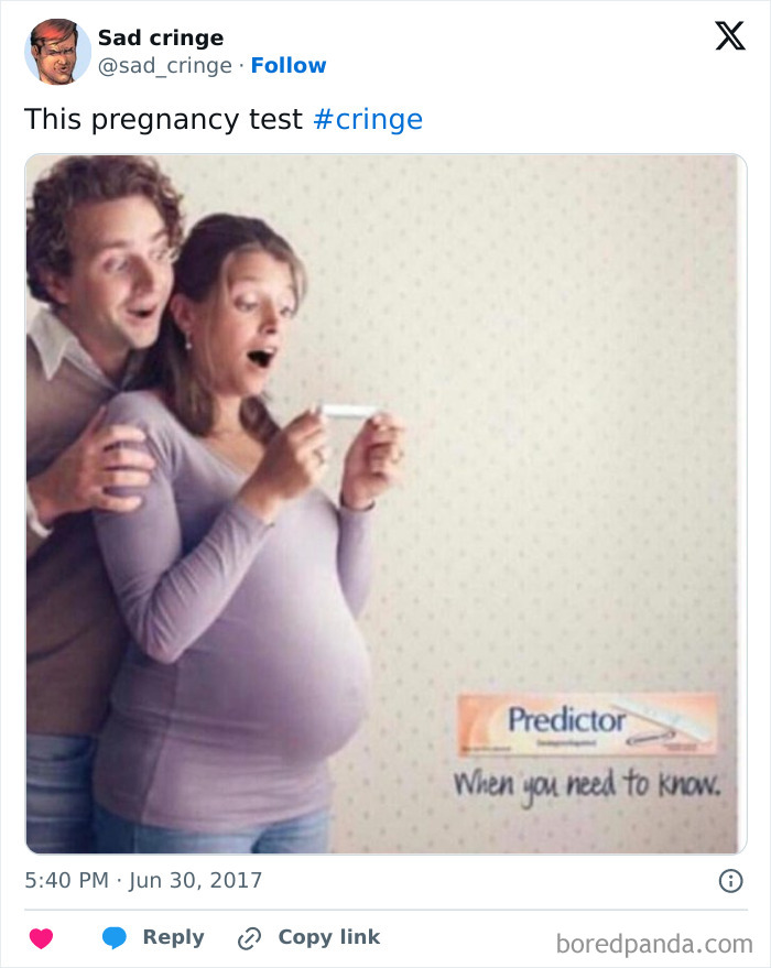 A pregnant woman and man looking at a pregnancy test, incredibly sad and cringy.
