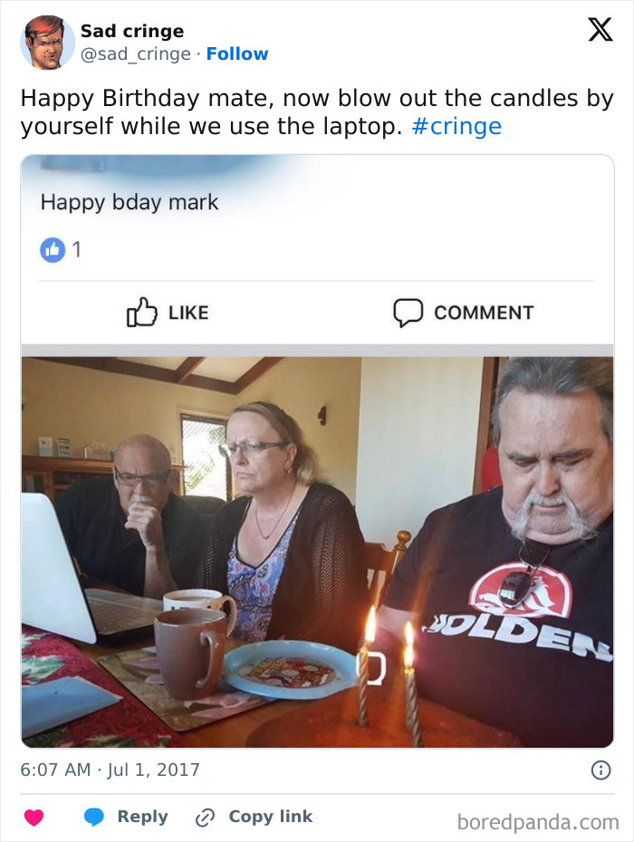 A cringy birthday celebration where family members ignore the birthday person to focus on a laptop. Incredibly sad.