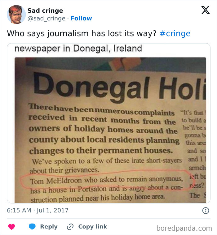 A newspaper article with a cringy anonymous quote where the name Tom McEldroon is accidentally revealed.
