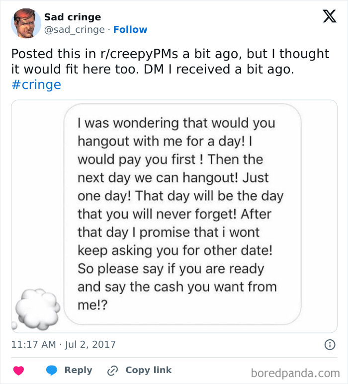 Cringy sad DM asking for a paid date, showcasing incredibly sad social media interactions.