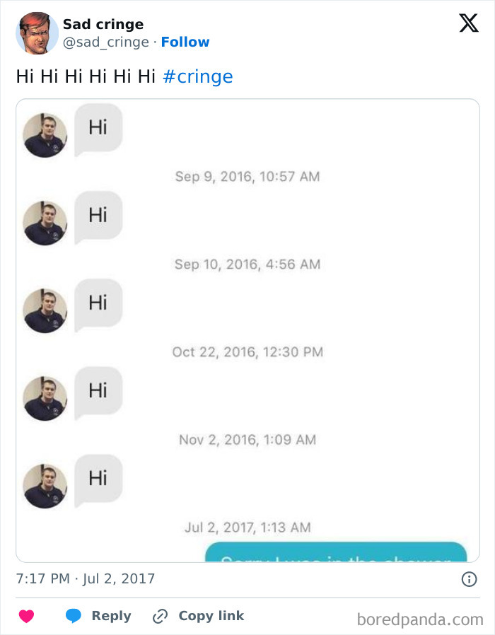 A screenshot of a cringy message chain with multiple unanswered 'Hi' texts. Sad, incredibly sad.