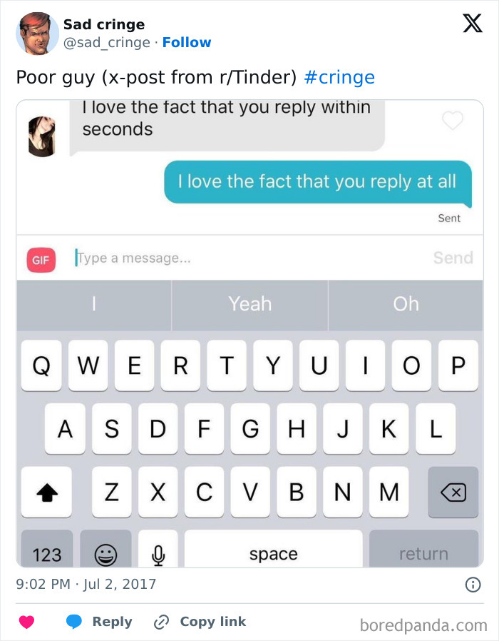 A screenshot of a cringy Tinder conversation about replying quickly. Sad, incredibly sad.