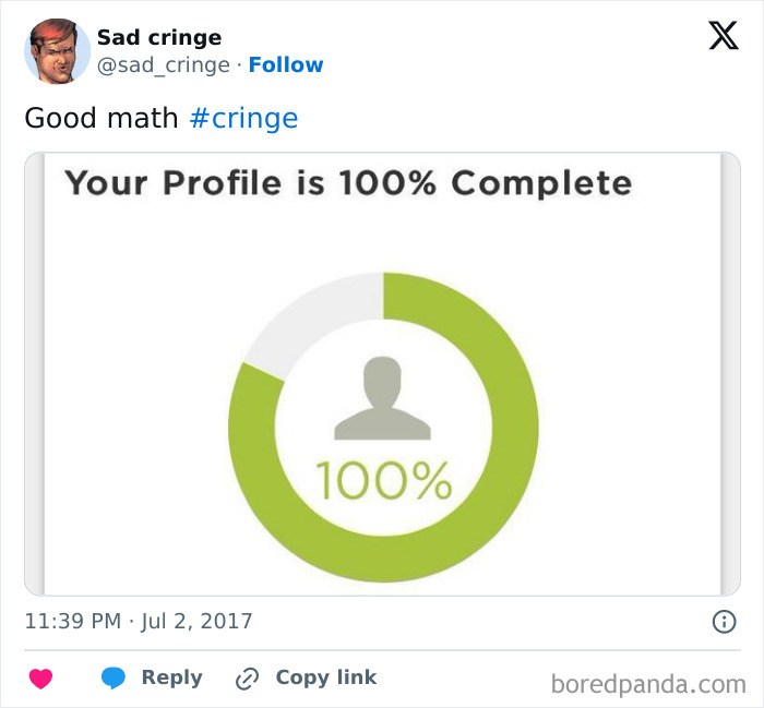 Cringy incredibly sad post showing a profile is 100% complete with a partially filled circle.