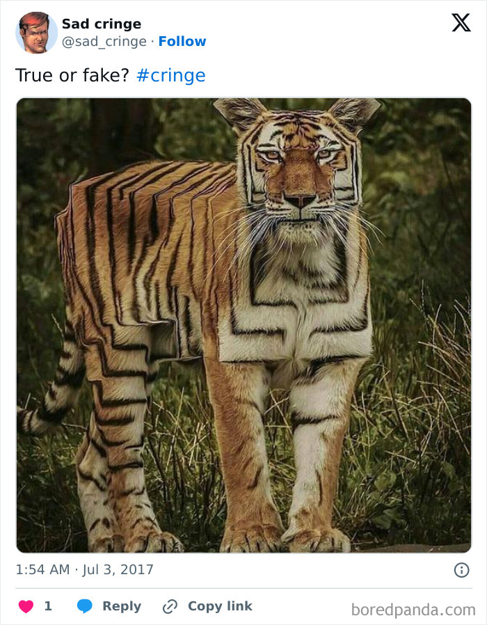 Incredibly sad cringy image of a blocky tiger, questioning if it's true or fake.
