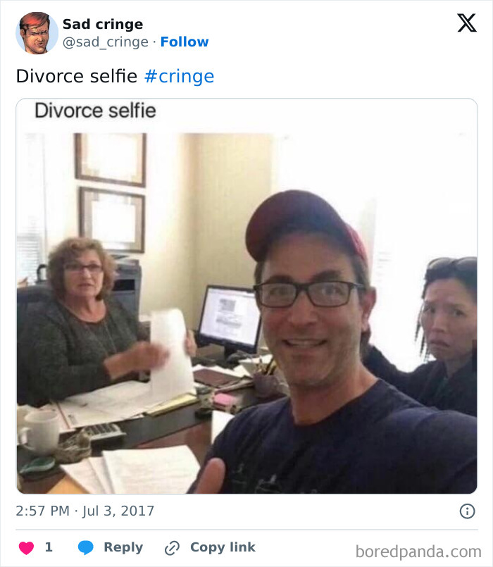 A man smiling and giving a thumbs up in a divorce selfie, with a cringy facial expression from the woman in the background.