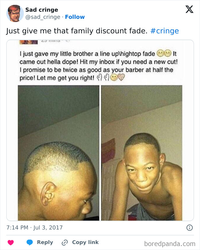 Before and after photos of a bad haircut, posted with a caption offering family discount fade, called incredibly cringy and sad.