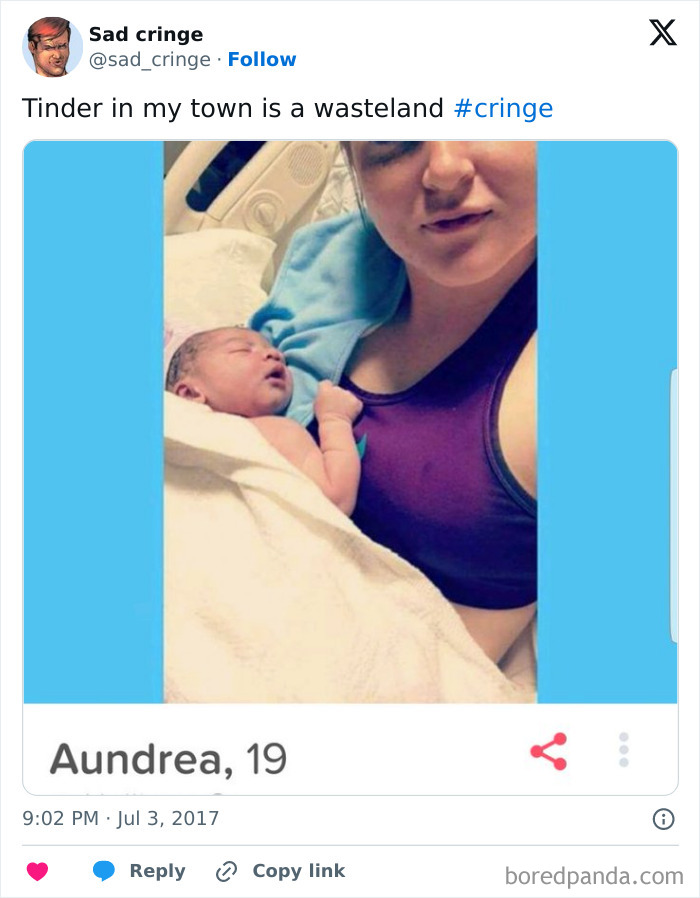 A Tinder profile picture showing a woman holding a newborn baby, shared on Twitter as incredibly cringy and sad.