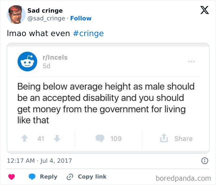 A cringy Reddit post from r/Incels about height as a disability. Sad, incredibly sad.
