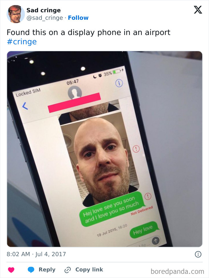 A cringy message on a display phone in an airport with a man's selfie. Sad, incredibly sad.