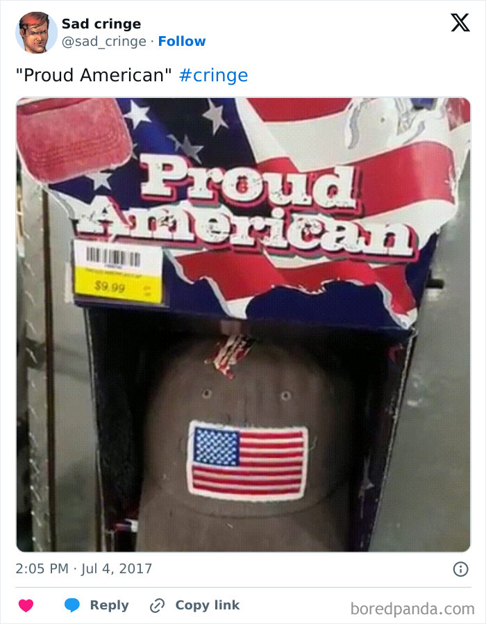 A brown baseball cap with an American flag patch, packaged in a Proud American box, an example of cringy patriotism.