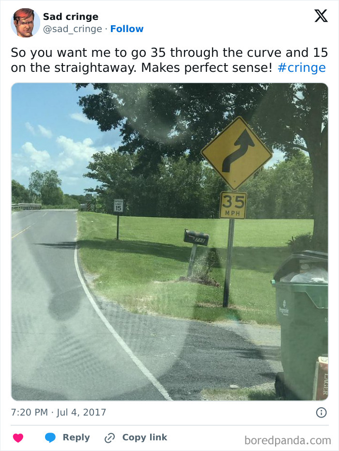 A road with conflicting speed limit signs, one for 15 mph and another for 35 mph, showcasing a cringy road design.