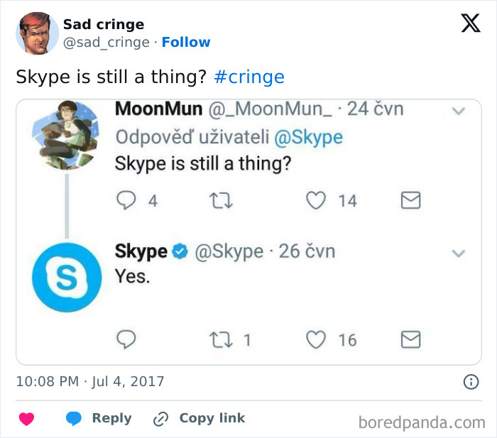 A screenshot showing a tweet questioning if Skype is still a thing, with Skype replying Yes, an example of cringy content.