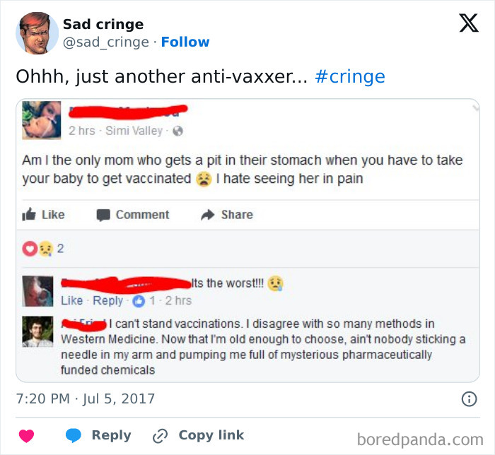 A screenshot of a Facebook post with comments about anti-vaxxers and vaccinations, an example of cringy content.
