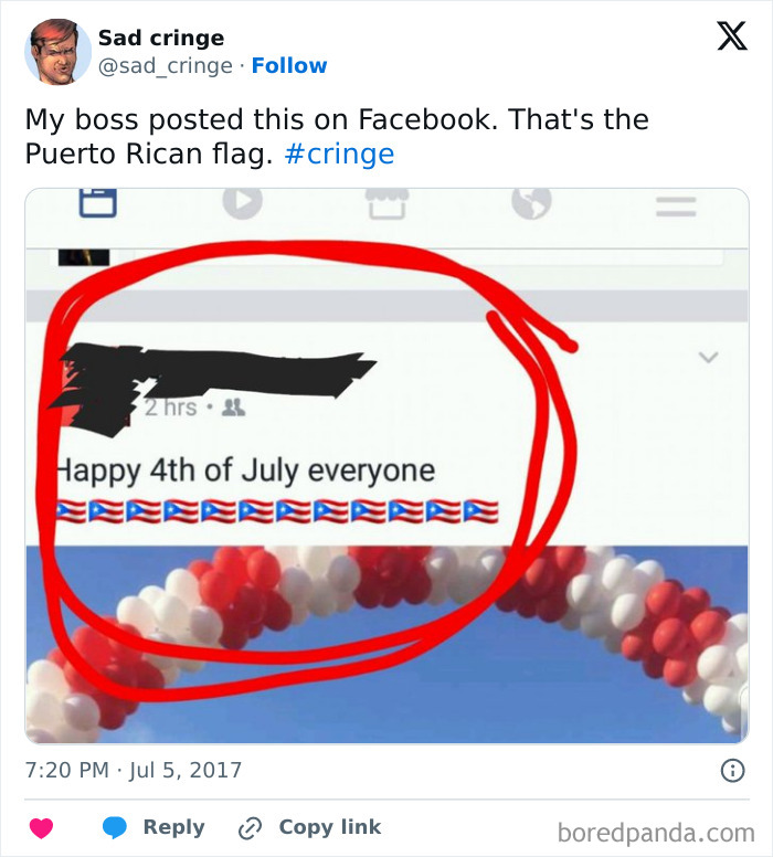 A Twitter post showing a Facebook post with a Puerto Rican flag and the caption Happy 4th of July, deemed incredibly cringy and sad.
