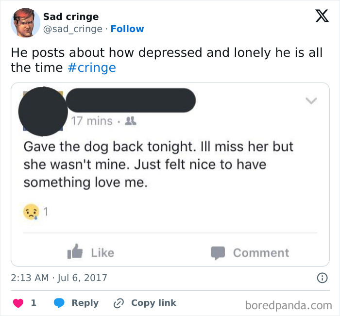 A screenshot of a cringy social media post by a depressed, lonely person returning a dog, expressing sadness.