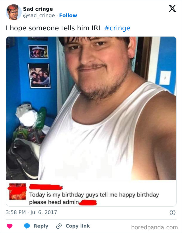A cringy selfie of a man asking for birthday wishes, posted on social media by a sad cringe account.