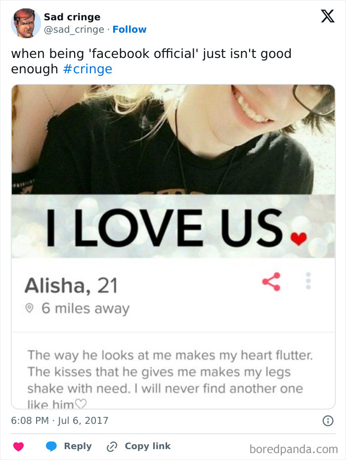 A cringy Facebook official relationship post with text I LOVE US and a woman's profile, shared by a sad cringe account.
