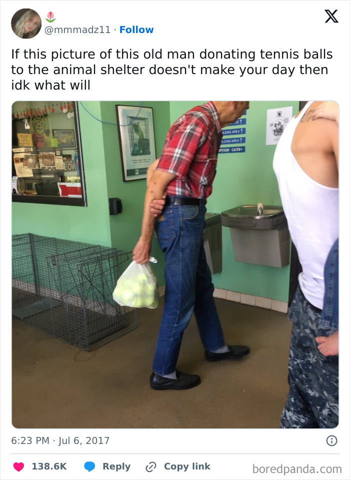 An old man carrying a bag of tennis balls for donation to an animal shelter, a soul-healing act after a rough month.