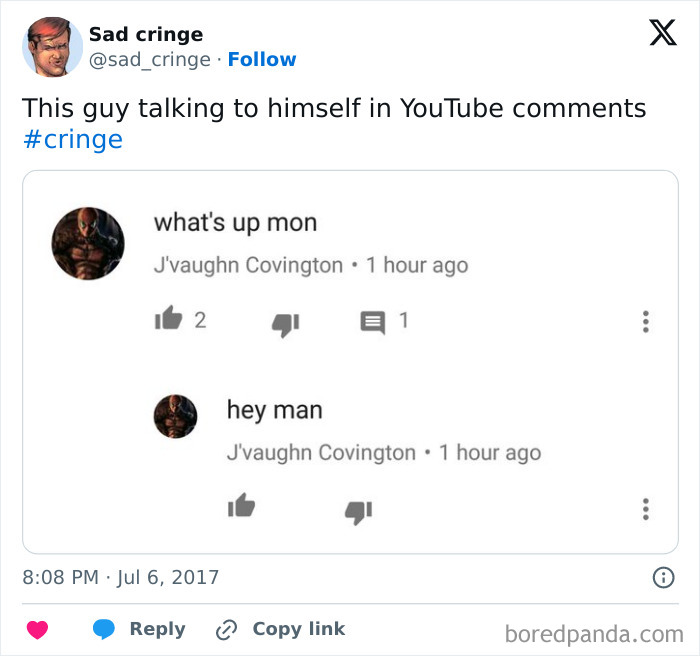 A screenshot of a cringy YouTube comment section where a user talks to himself, posted by a sad cringe account.