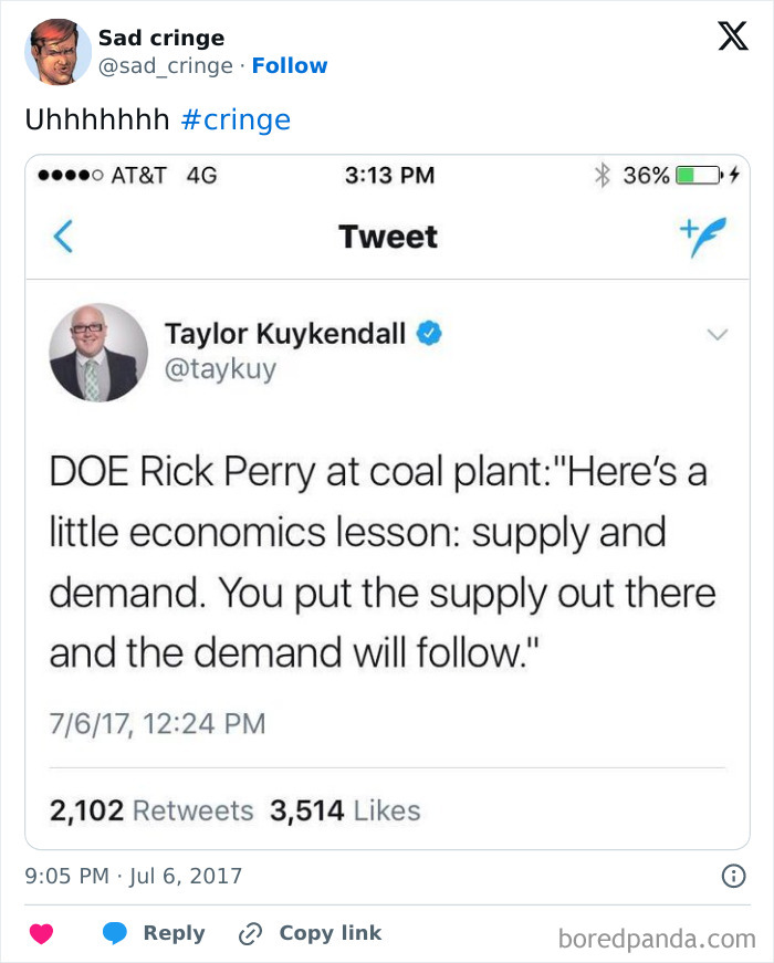 A screenshot of a cringy tweet from Taylor Kuykendall discussing economics at a coal plant. People found it incredibly sad.