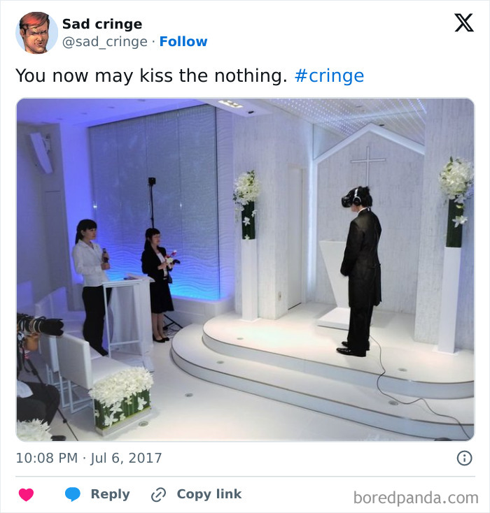 A man wearing a VR headset getting married in a cringy ceremony, making people incredibly sad.