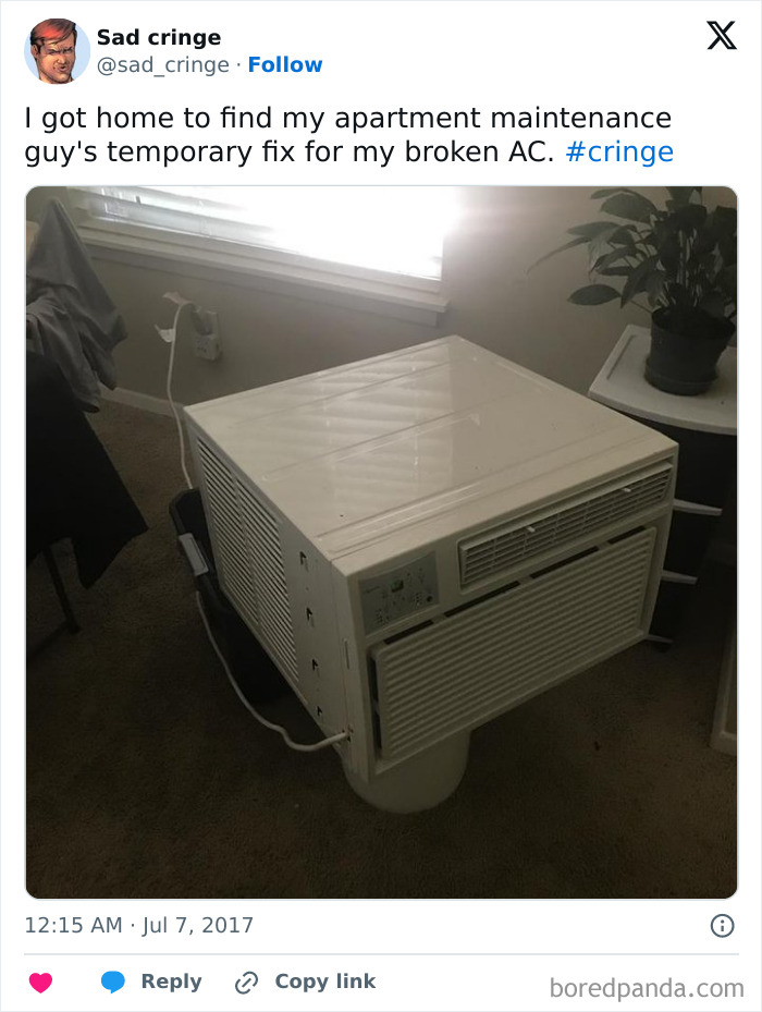 A cringy temporary AC unit fix in an apartment, an incredibly sad and inadequate solution.