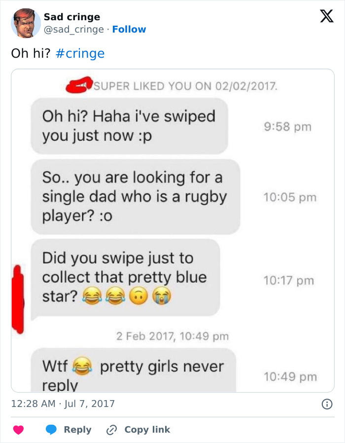 A cringe conversation of text messages with someone swiping and not getting a reply, incredibly sad cringe.