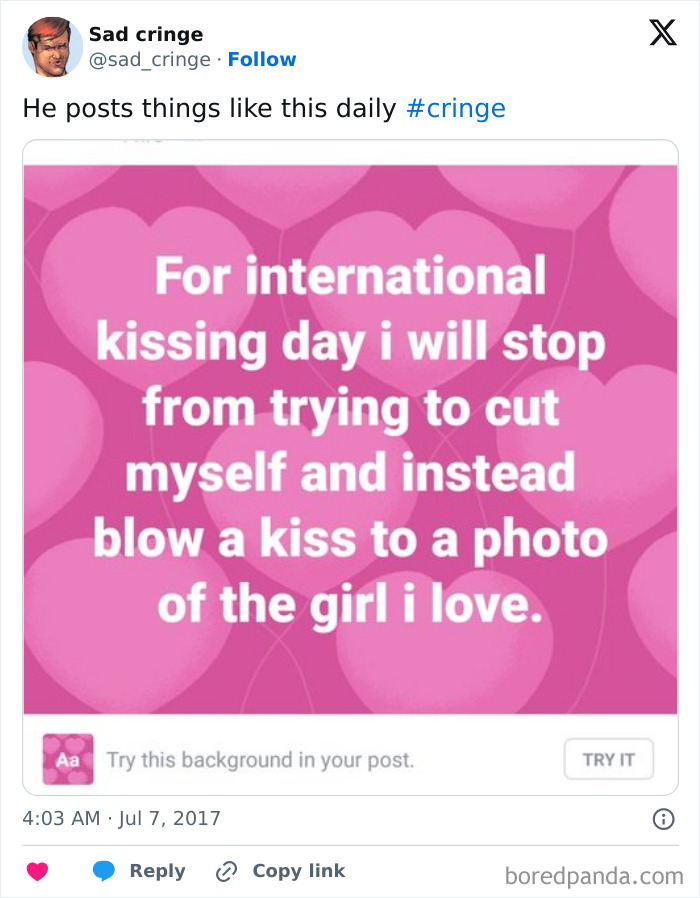 Pink graphic with text about kissing a photo for International Kissing Day, a post that is incredibly sad cringe.